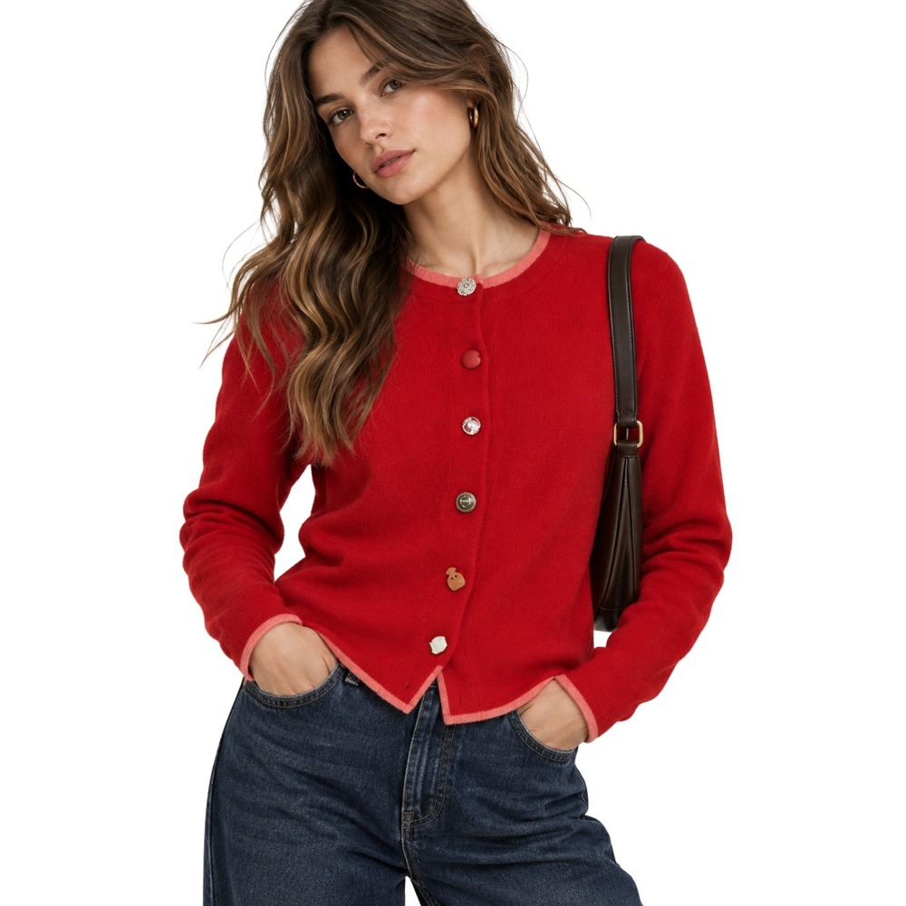 Anthropologie Cardigan Sweater Medium Red Mixed Novelty Button Preppy Academia